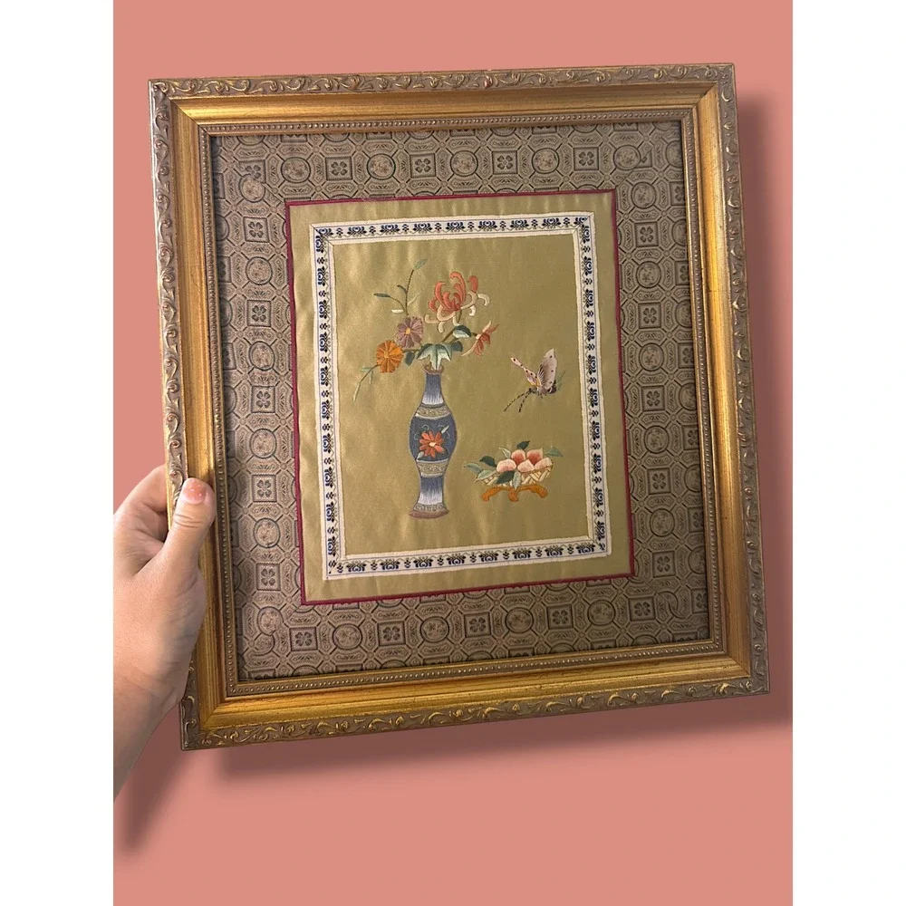 Vintage Chinese Silk Embroidery Framed Art Floral Vase Butterfly Chinoiserie